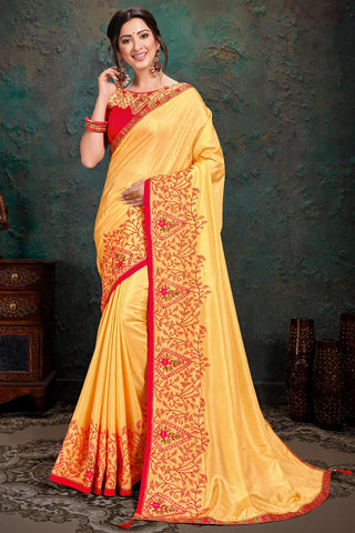 Wedding Wear Yellow Color Art Silk Fabric Embroidery Work Saree