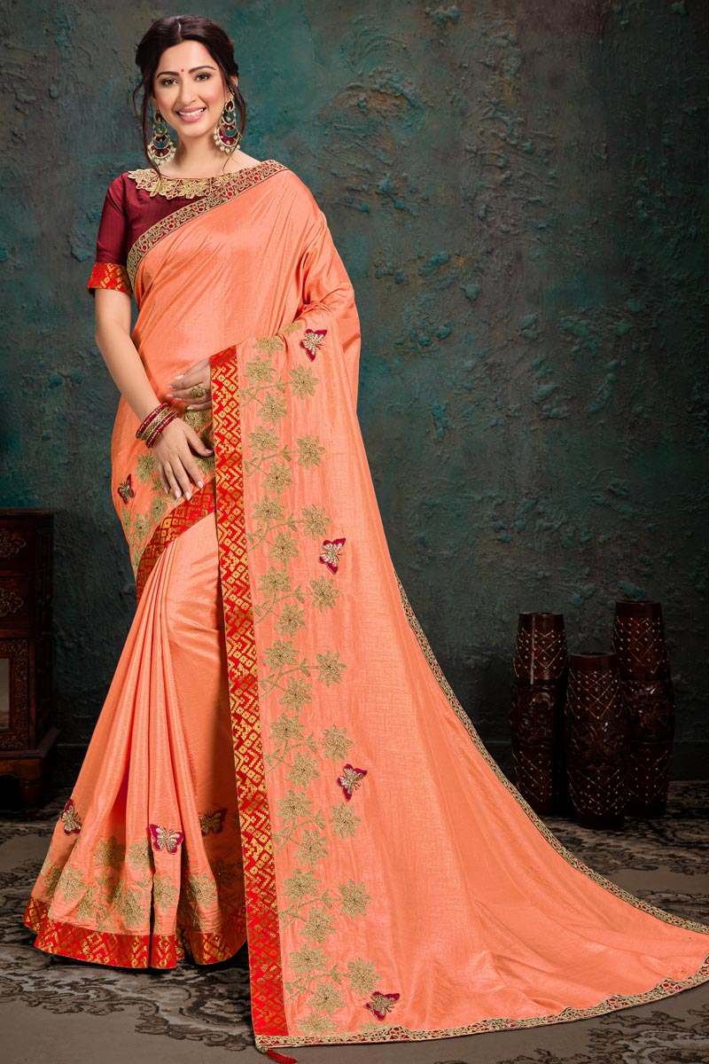 Peach Color Reception Wear Art Silk Fabric Embroidery Work Saree