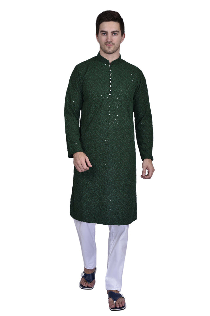 Appealing Dark Green Color Georgette Fabric Function Wear Kurta Pyjama For Men