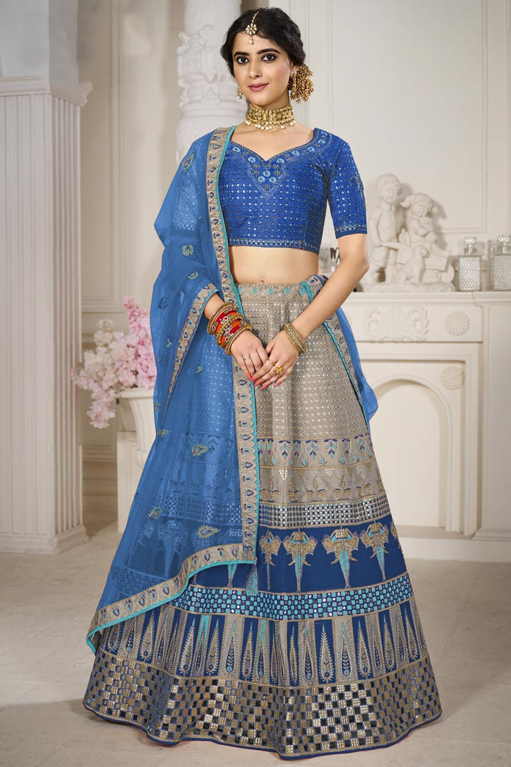Blue Color Art Silk Fabric Fancy Embroidered Wedding Wear Lehenga Choli