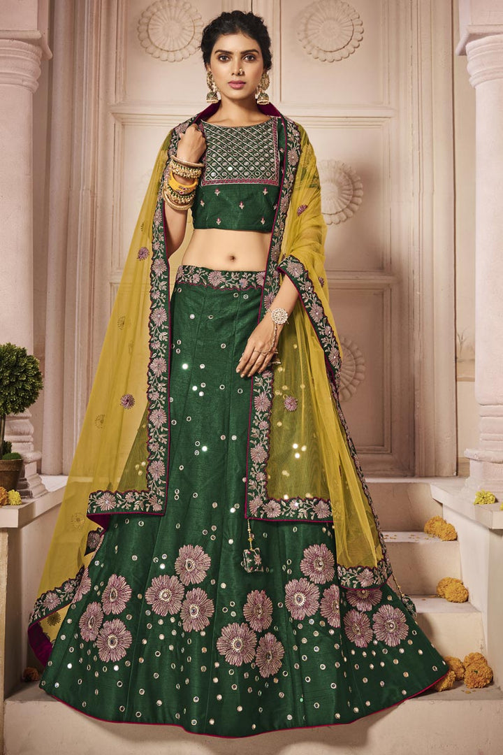 Art Silk Fabric Dark Green Color Embroidered Wedding Wear Designer Lehenga Choli