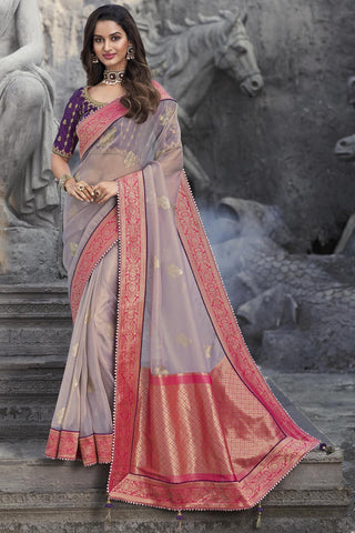 Dazzling Organza Fabric Embroidered Lavender Festive Wear Saree