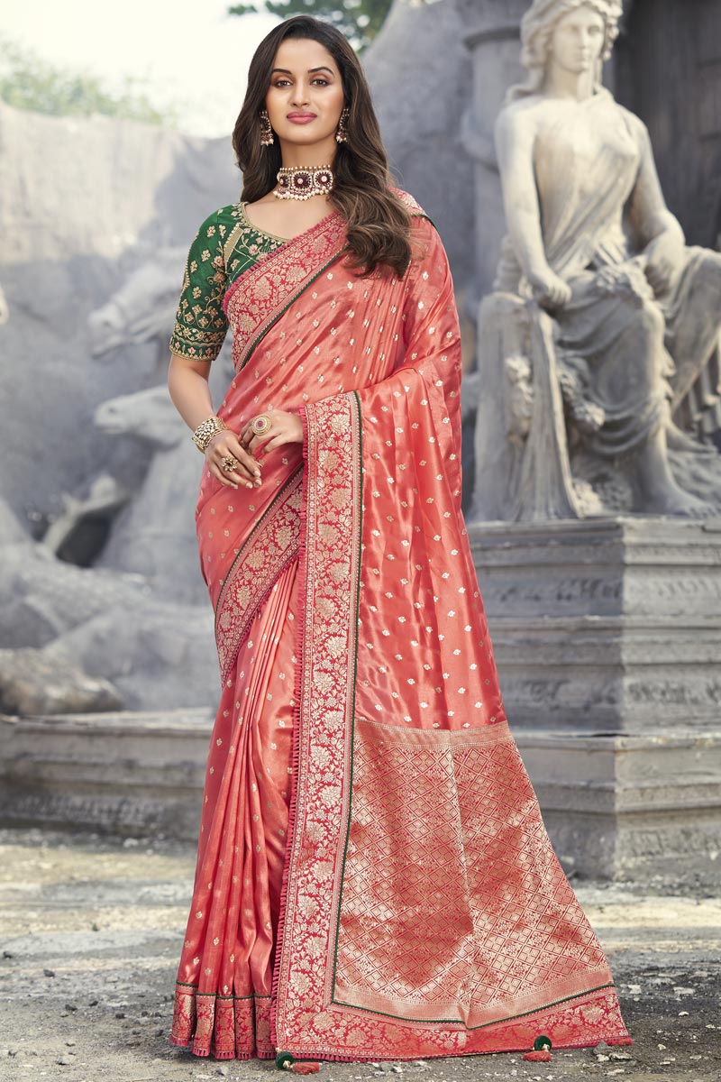 Pretty Peach Dola Silk Embroidered Sangeet Wear Saree