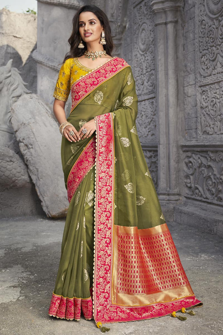 Mehendi Green Organza Embroidered Traditional Saree