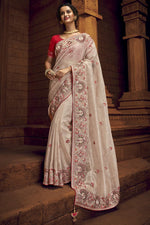 Load image into Gallery viewer, Amazing Embroidered Cream Party Wear Organza Fabric Saree
