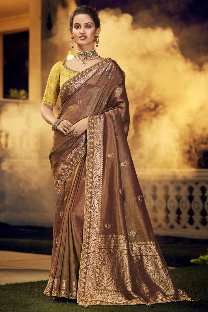 Brown Viscose Function Wear Designer Saree With Embroidered Blouse