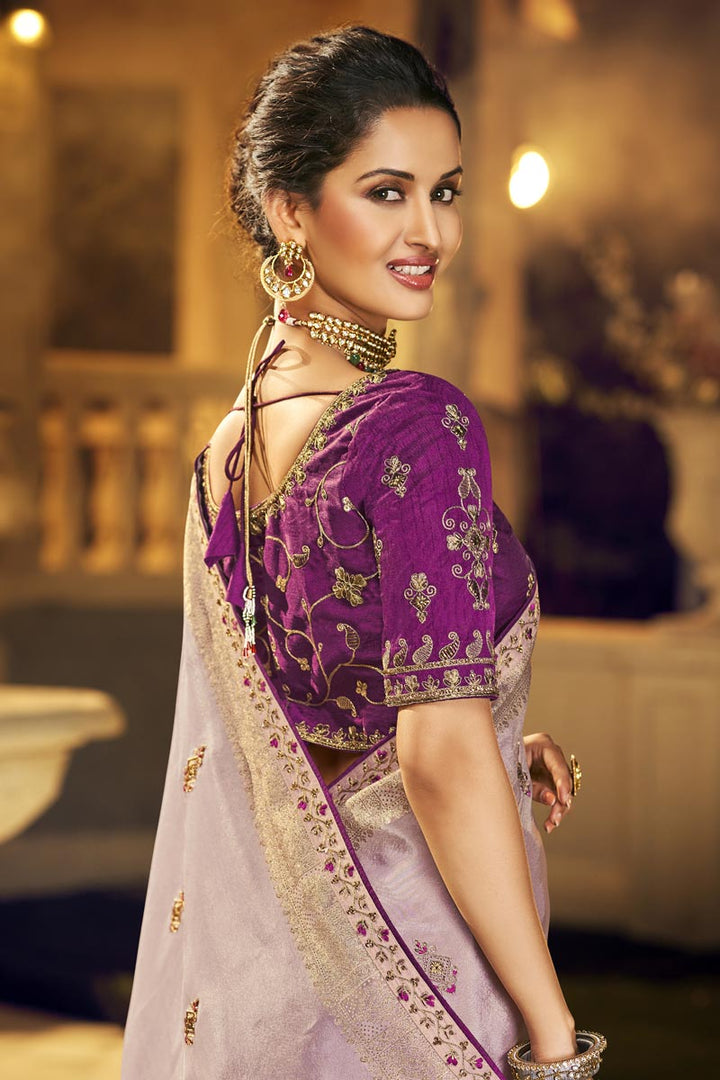 Lavender Function Wear Viscose Trendy Saree With Embroidered Blouse