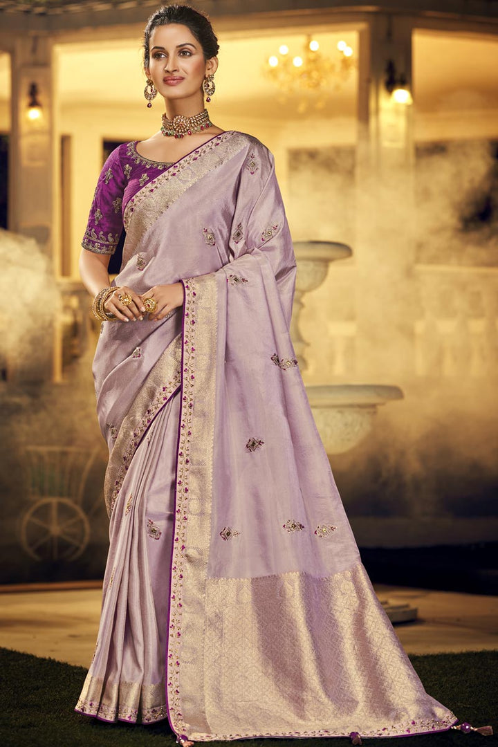 Lavender Function Wear Viscose Trendy Saree With Embroidered Blouse