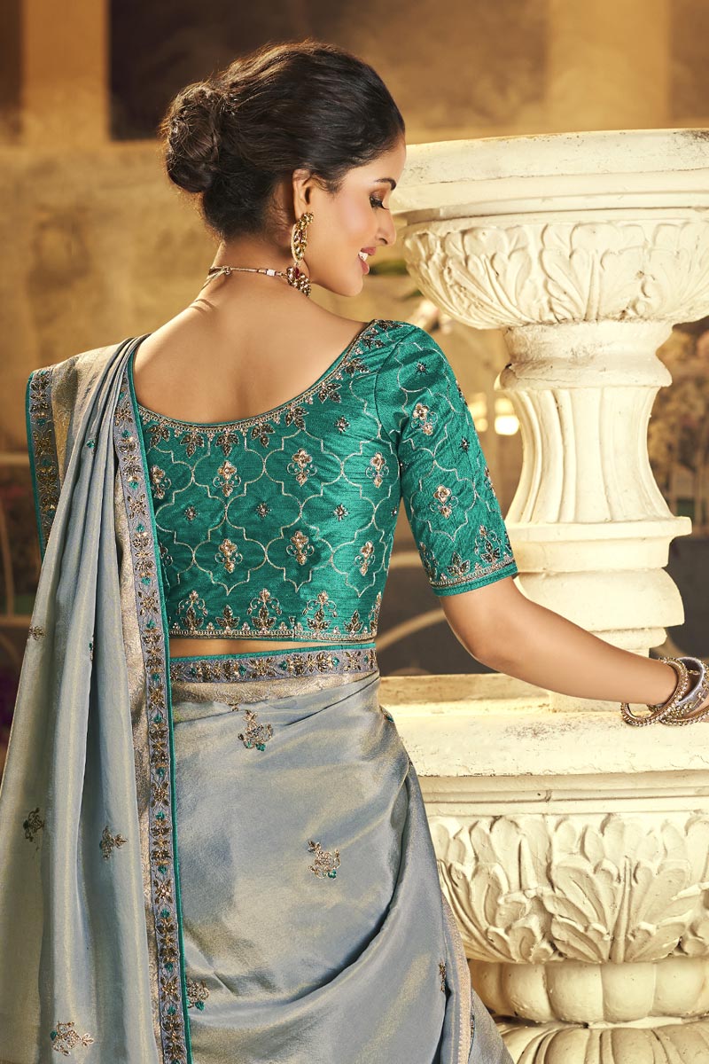 Dazzling Viscose Fabric Grey Festive Wear Saree With Embroidered Blouse