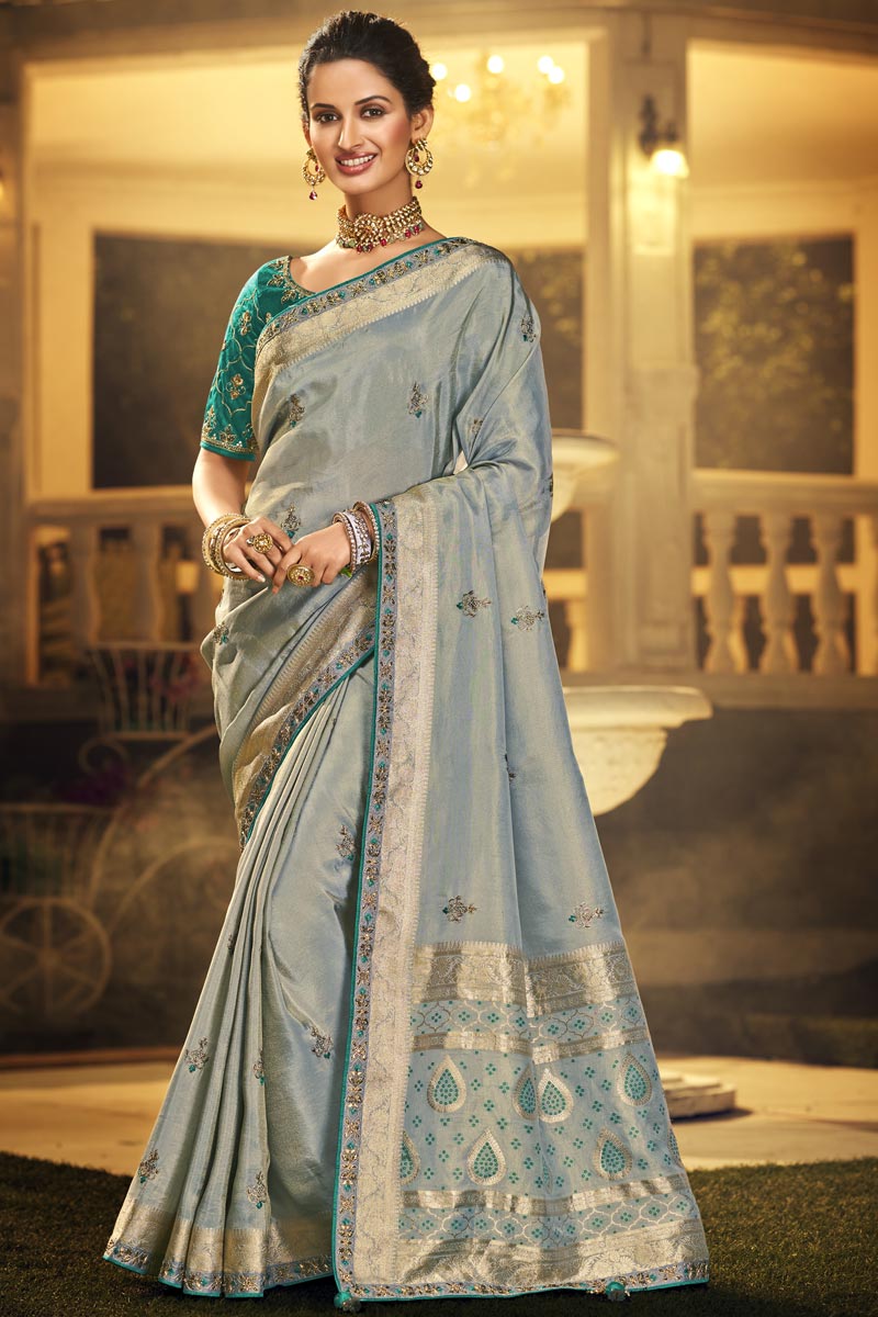 Dazzling Viscose Fabric Grey Festive Wear Saree With Embroidered Blouse