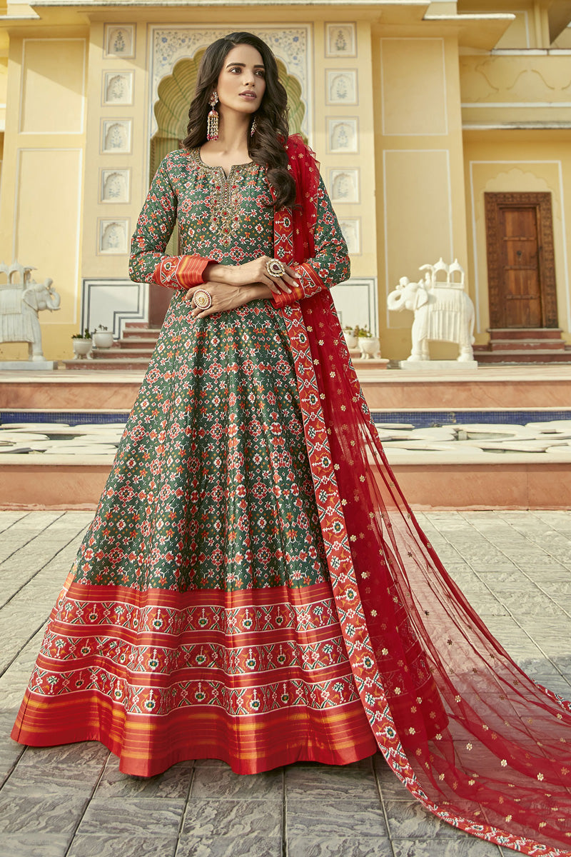 Exclusive Green Color Silk Patola Printed Readymade Gown With Dupatta