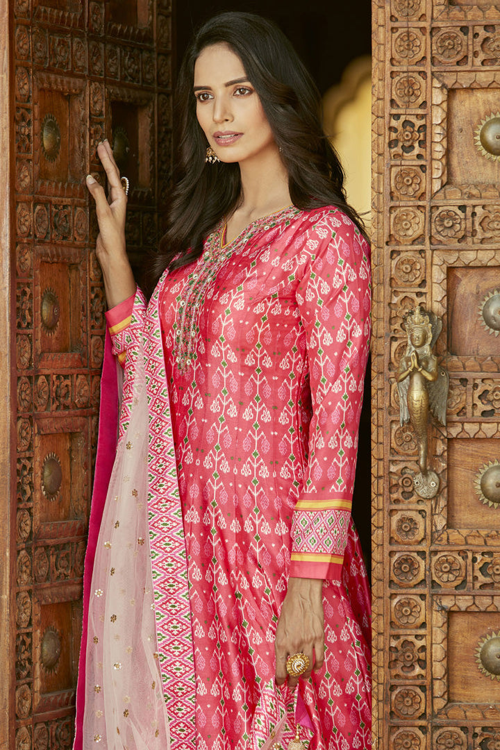 Attractive Silk Pink Color Patola Printed Readymade Gown With Dupatta
