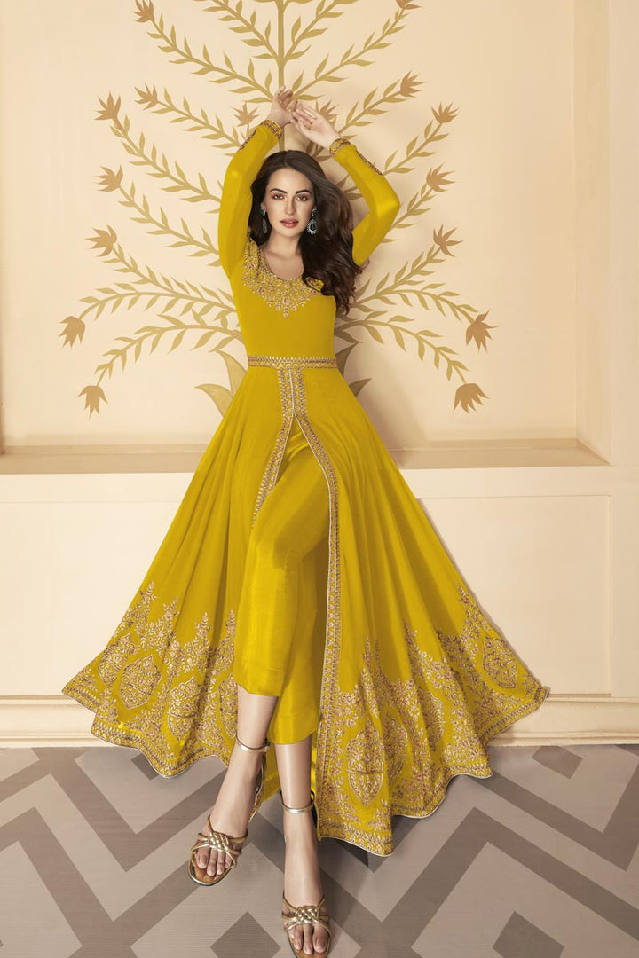 Yellow Color Georgette Fabric Embroidery Work Function Wear Fancy Anarkali Dress