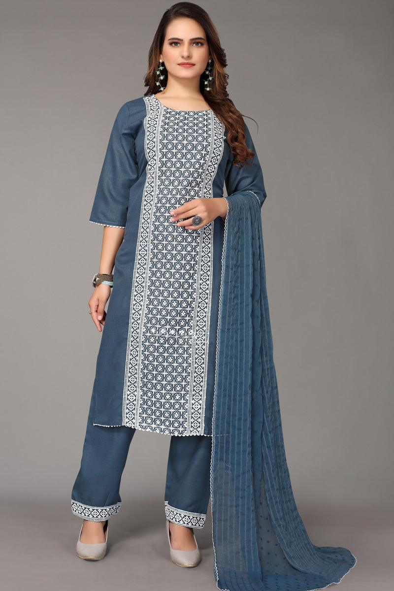 Teal Color Embellished Cotton Fabric Embroidered Salwar Suit