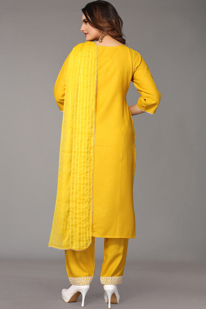 Yellow Color Cotton Fabric Ravishing Embroidered Salwar Suit