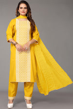 Load image into Gallery viewer, Yellow Color Cotton Fabric Ravishing Embroidered Salwar Suit

