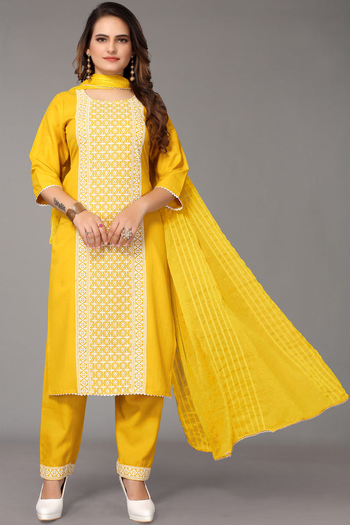 Yellow Color Cotton Fabric Ravishing Embroidered Salwar Suit