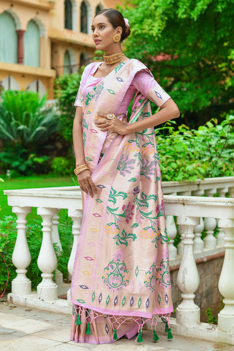 Paithani Silk Weaving Designs Pink Saree