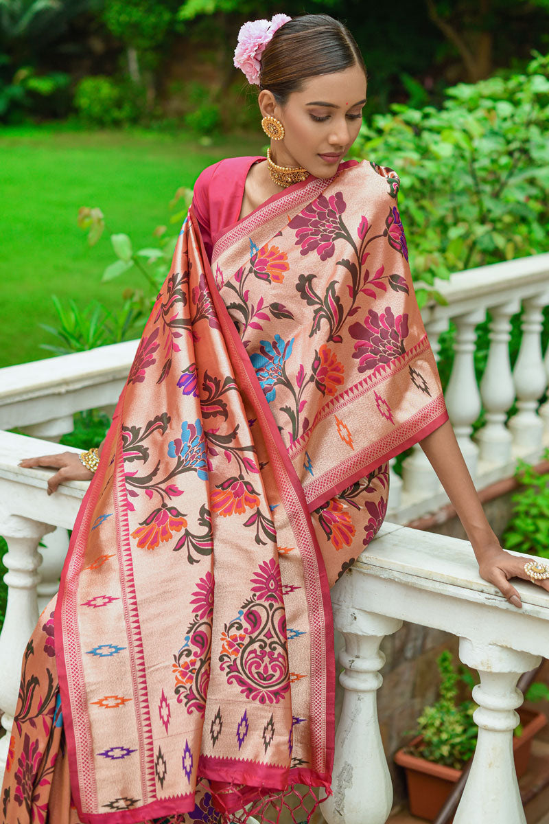 Peach Paithani Silk Weaving Designs Saree