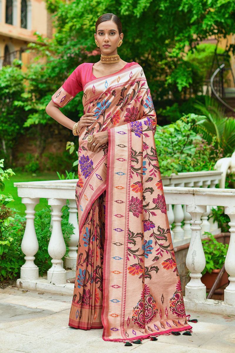 Peach Paithani Silk Weaving Designs Saree