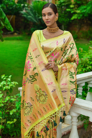 Paithani Silk Weaving Designs Yellow Saree