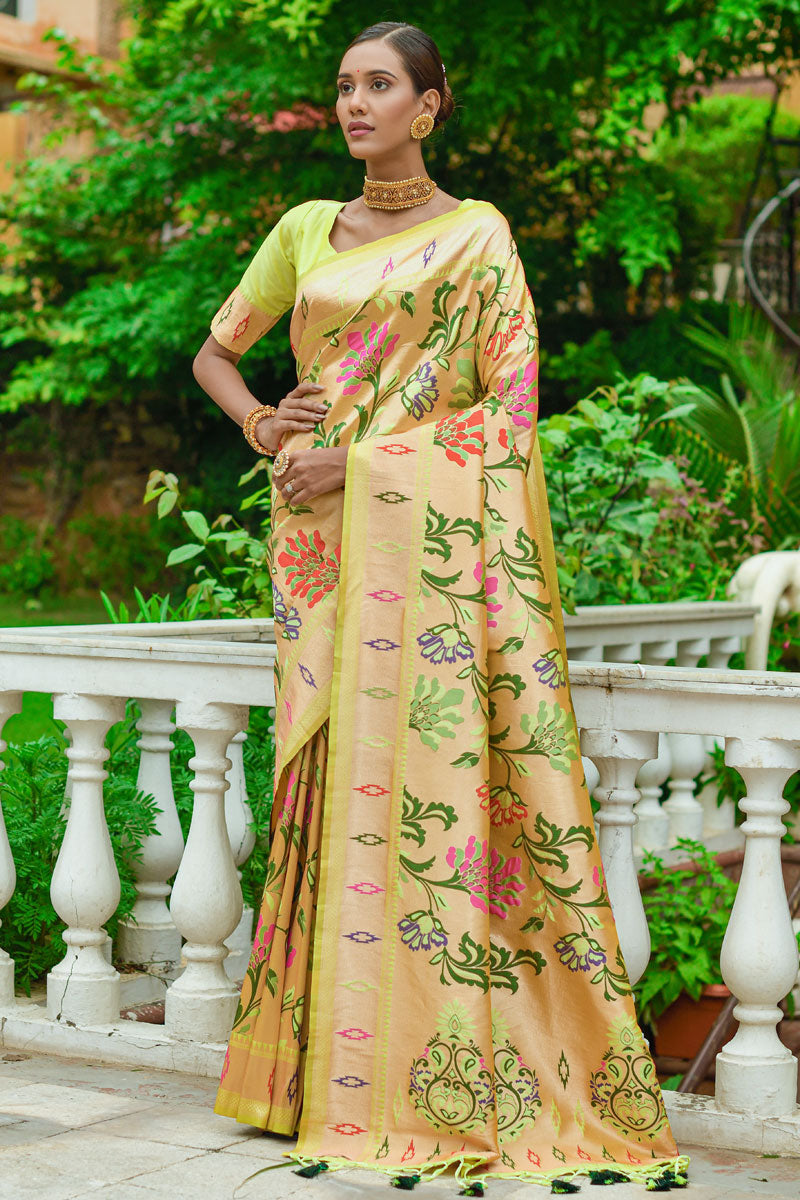 Paithani Silk Weaving Designs Yellow Saree