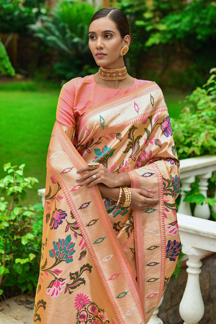 Paithani Silk Weaving Work Saree in Peach Color
