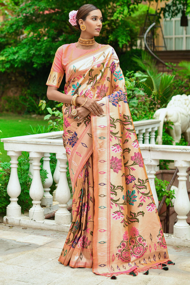 Paithani Silk Weaving Work Saree in Peach Color