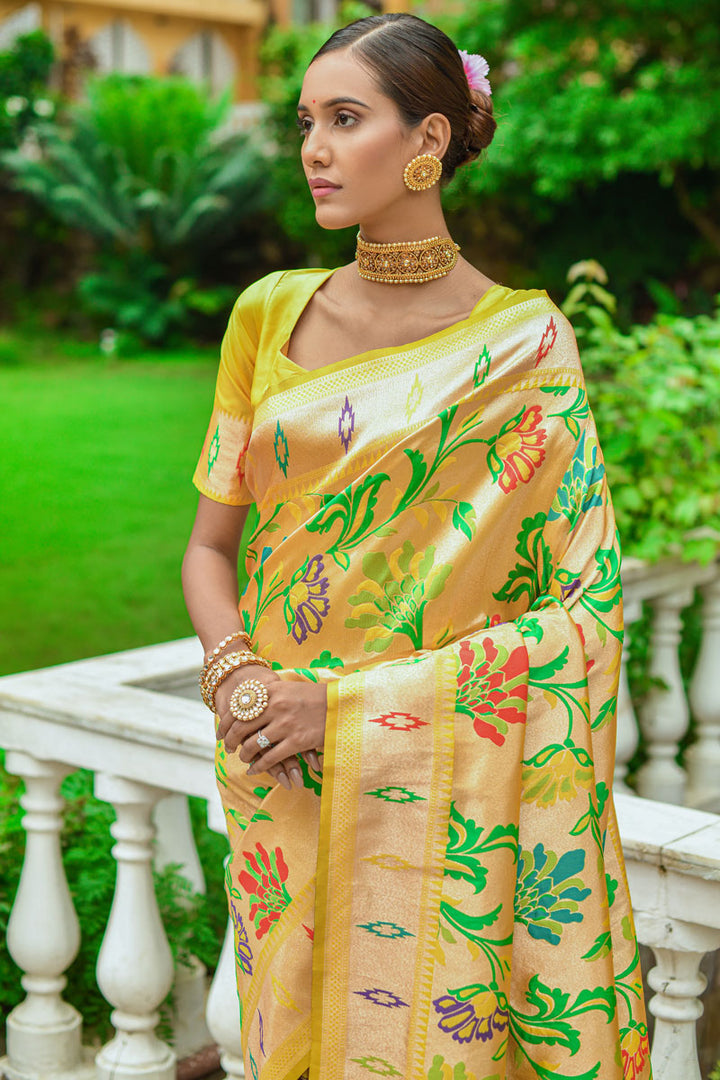 Paithani Silk Weaving Designs Saree in Yellow Color