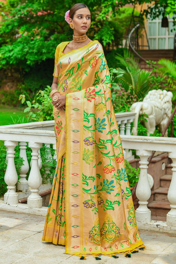 Paithani Silk Weaving Designs Saree in Yellow Color