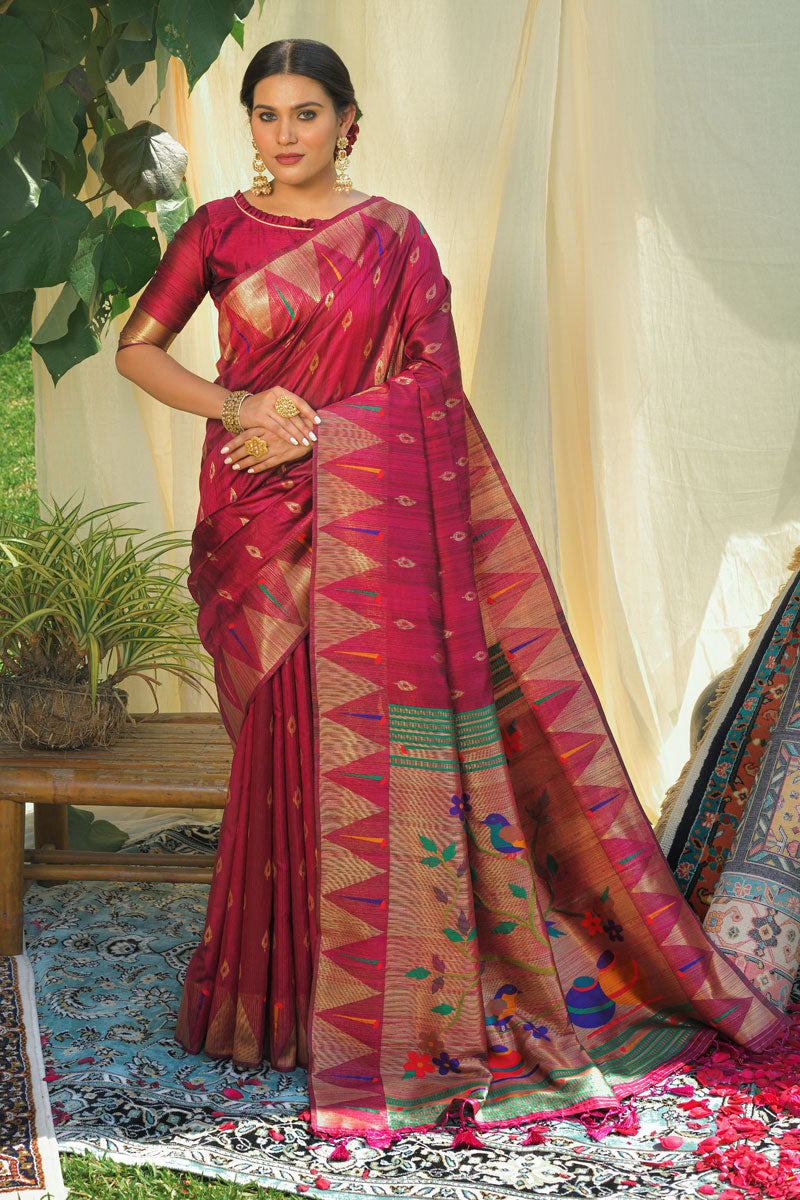 Wine Festive Wear Paithani Silk Saree