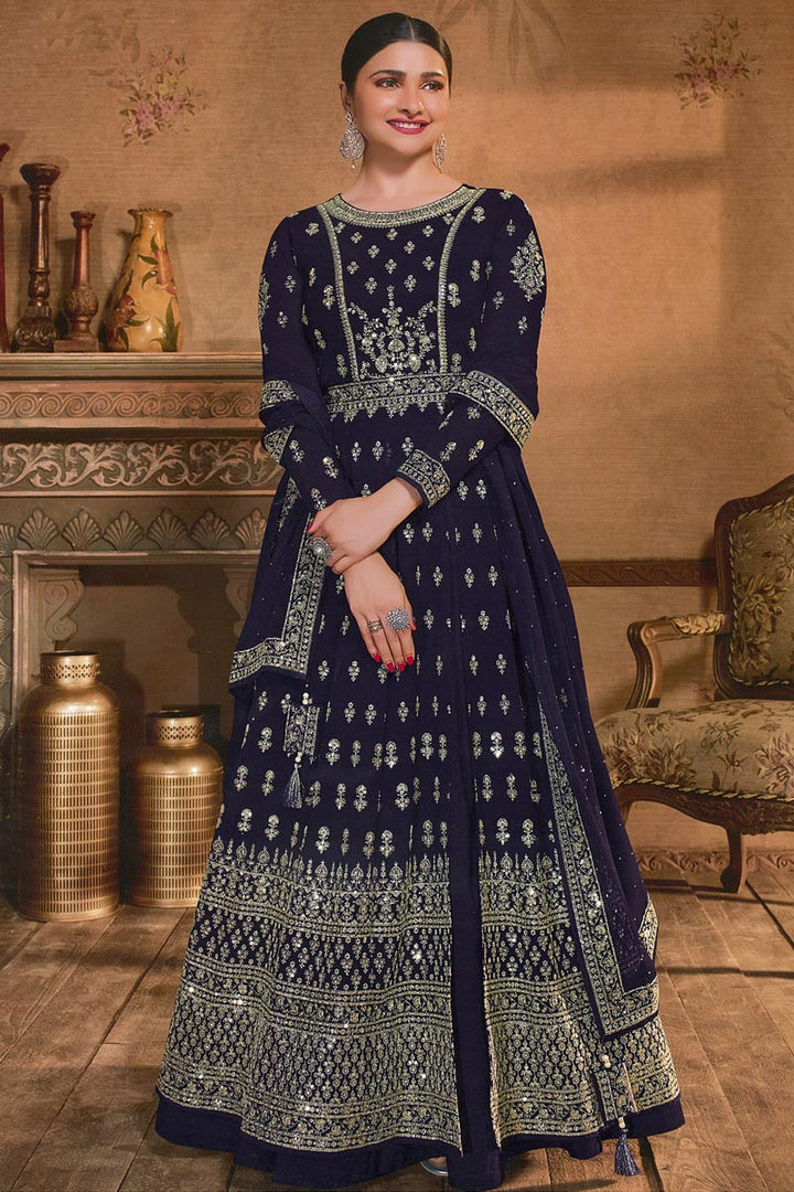 Prachi Desai Georgette Fabric Navy Blue Color Remarkable Anarkali Suit