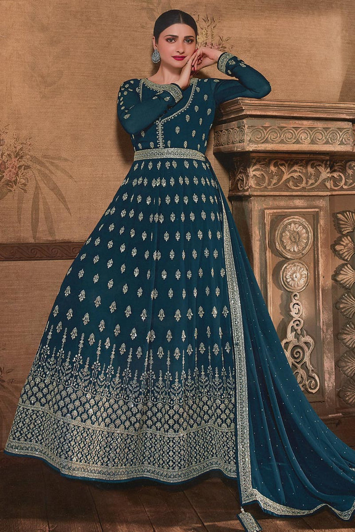 Prachi Desai Marvelous Georgette Fabric Anarkali Suit In Teal Color