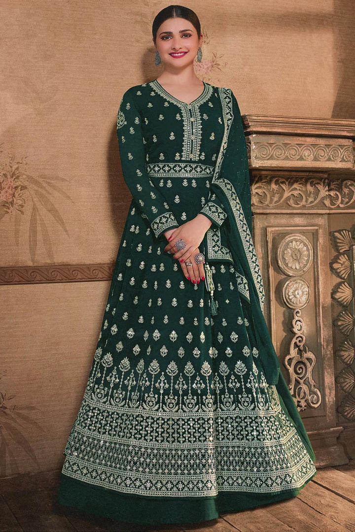 Prachi Desai Georgette Fabric Dark Green Color Ingenious Anarkali Suit