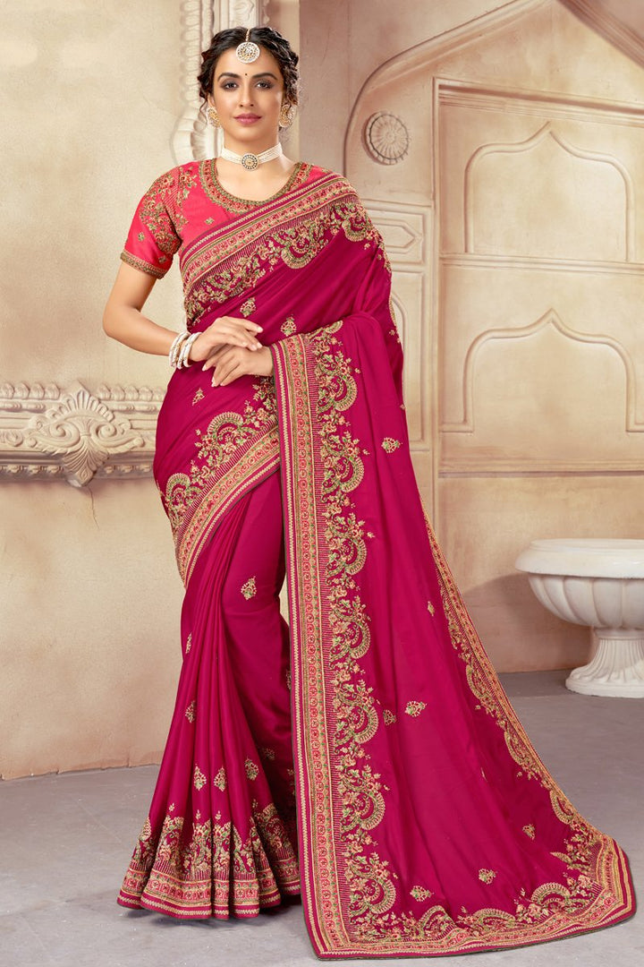 Art Silk Fabric Rani Color Sangeet Wear Embroidered Saree