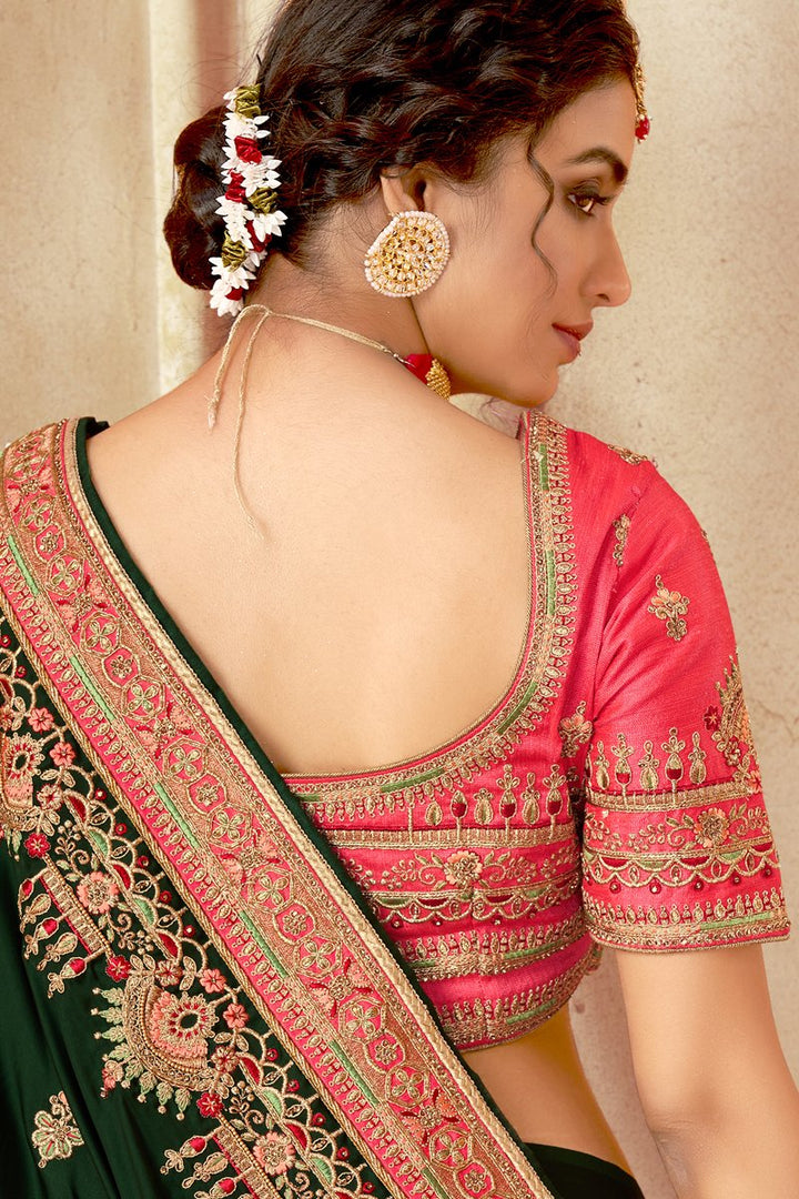 Art Silk Fabric Embroidered Dark Green Color Wedding Wear Fancy Saree