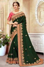 Load image into Gallery viewer, Art Silk Fabric Embroidered Dark Green Color Wedding Wear Fancy Saree
