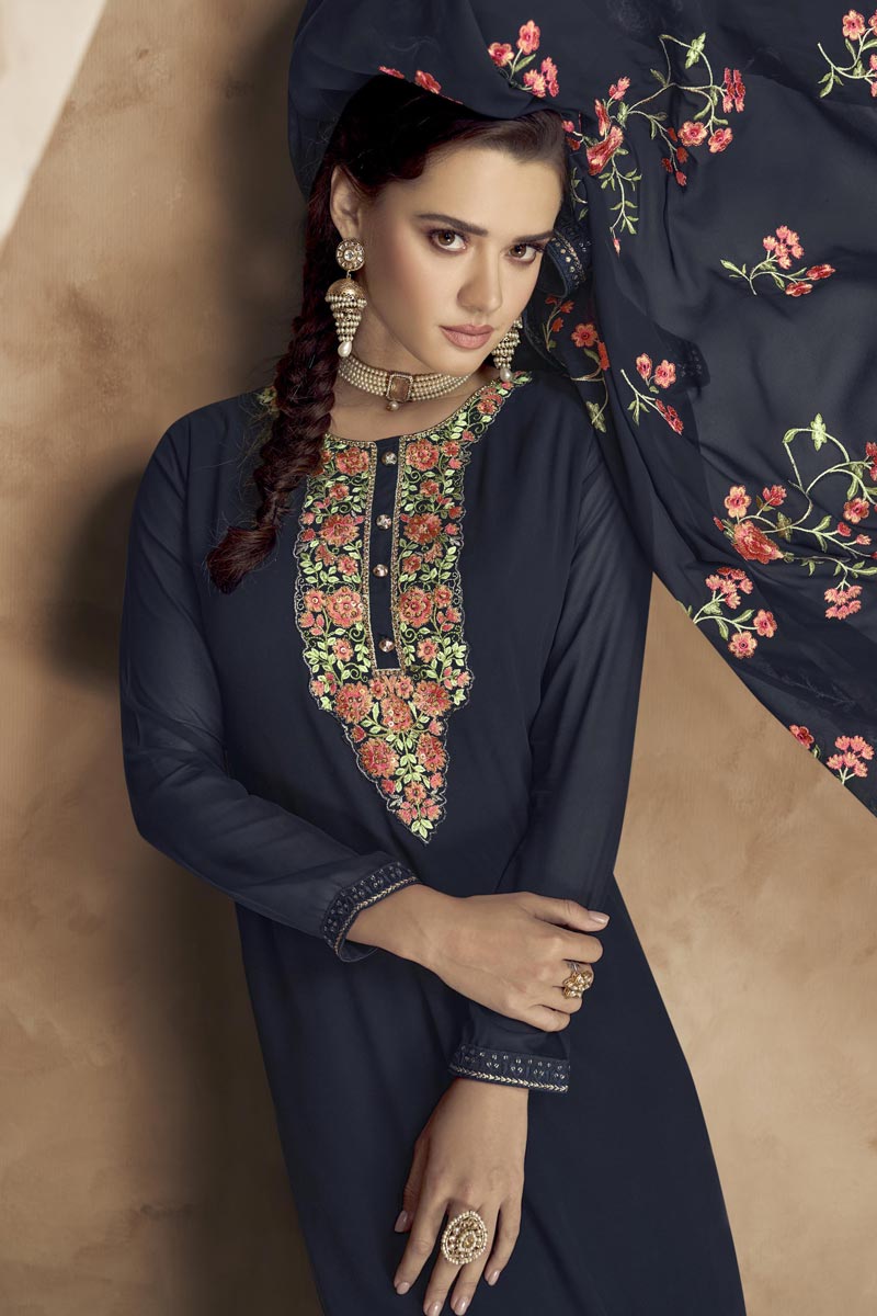 Eugeniya Belousova Georgette Embroidered Navy Blue Salwar Suit