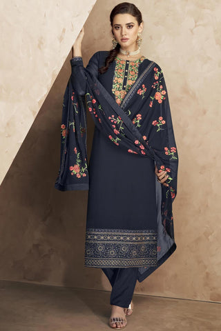 Eugeniya Belousova Georgette Embroidered Navy Blue Salwar Suit