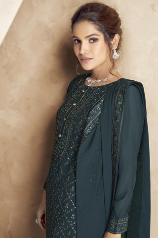 Vartika Singh Embroidered Teal Color Georgette Fabric Designer Salwar Suit