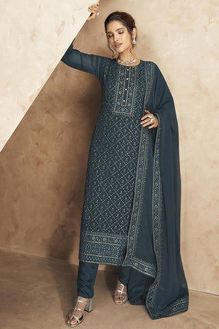 Vartika Singh Embroidered Teal Color Georgette Fabric Designer Salwar Suit