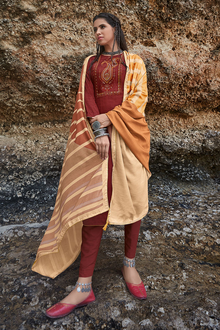 Fancy Fabric Maroon Color Daily Wear Salwar Kameez With Embroidery Work