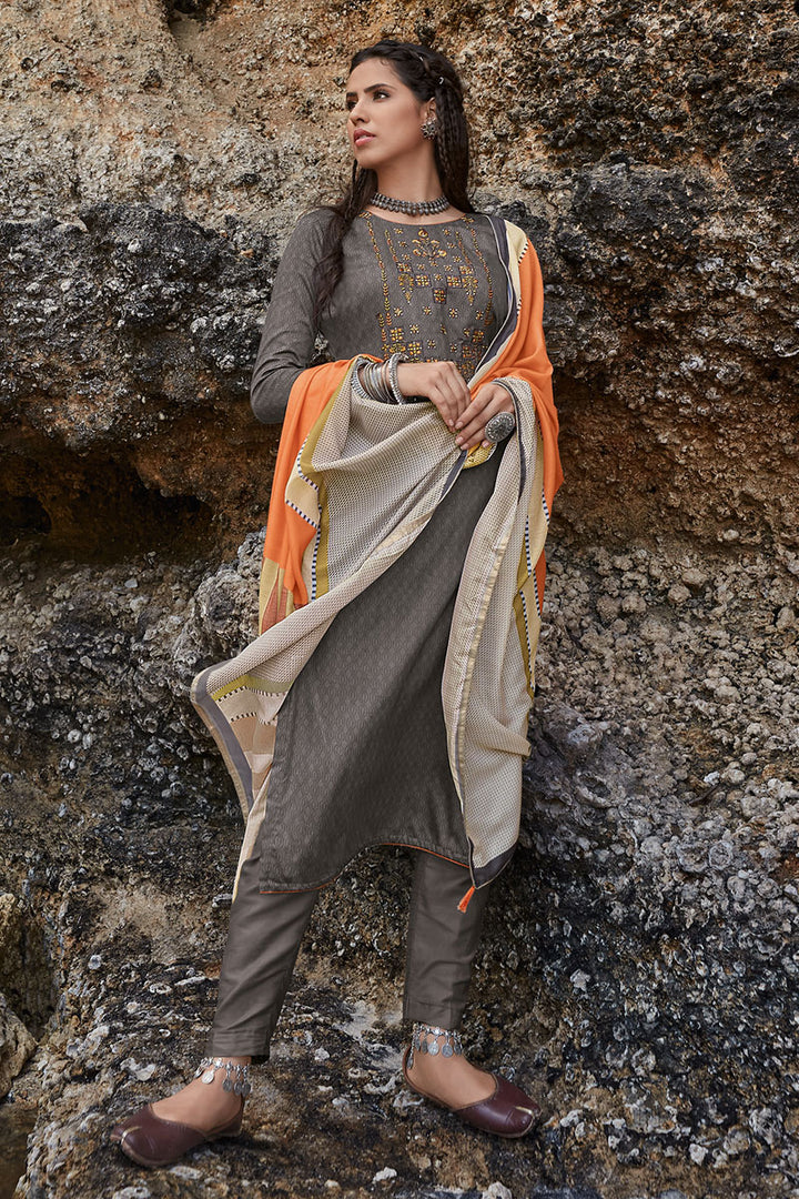 Fancy Fabric Party Wear Salwar Suit In Grey Color With Embroidery Work