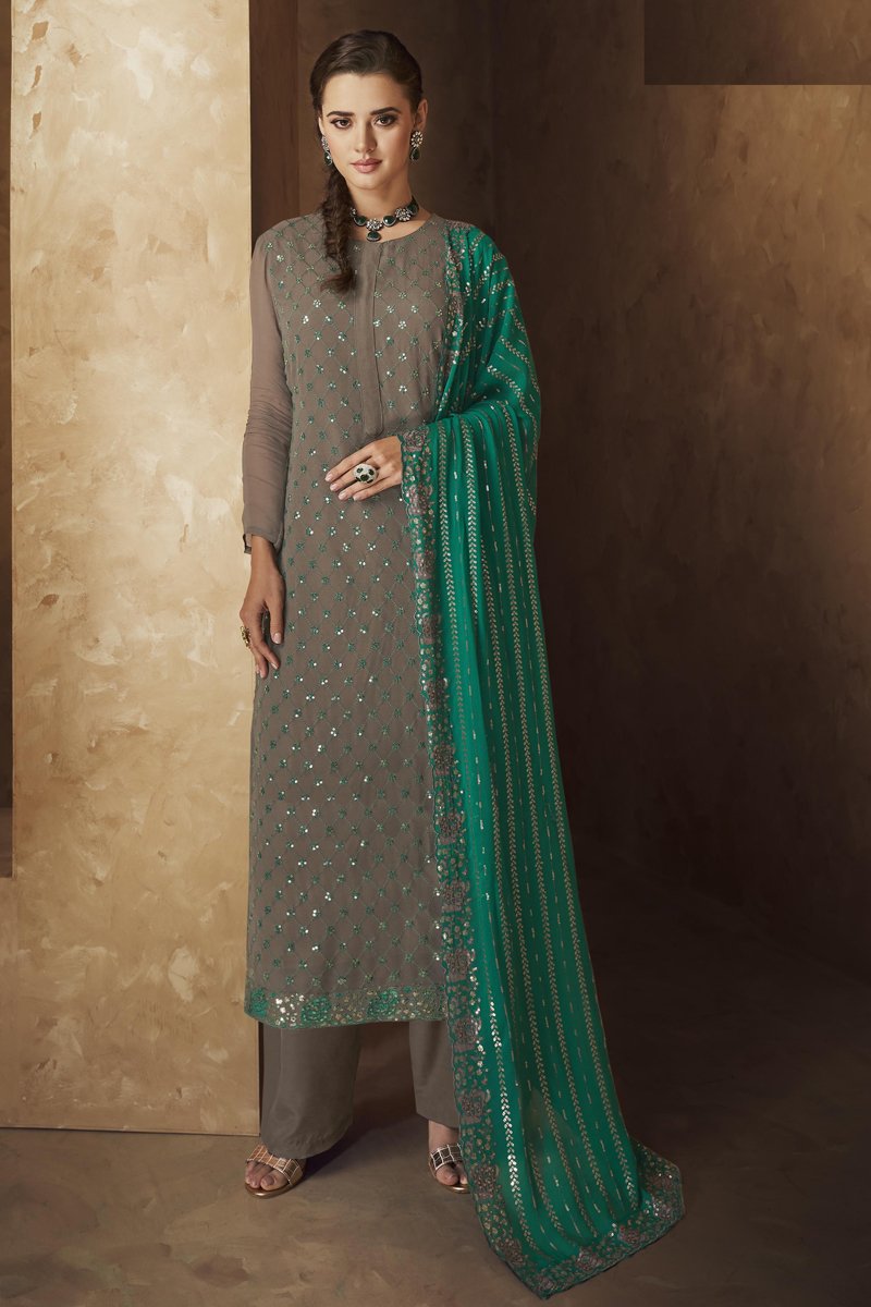 Georgette Fabric Party Wear Dark Beige Color Embroidered Palazzo Salwar Suit