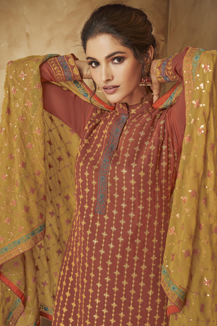 Georgette Fabric Rust Color Embroidered Party Wear Palazzo Salwar Suit