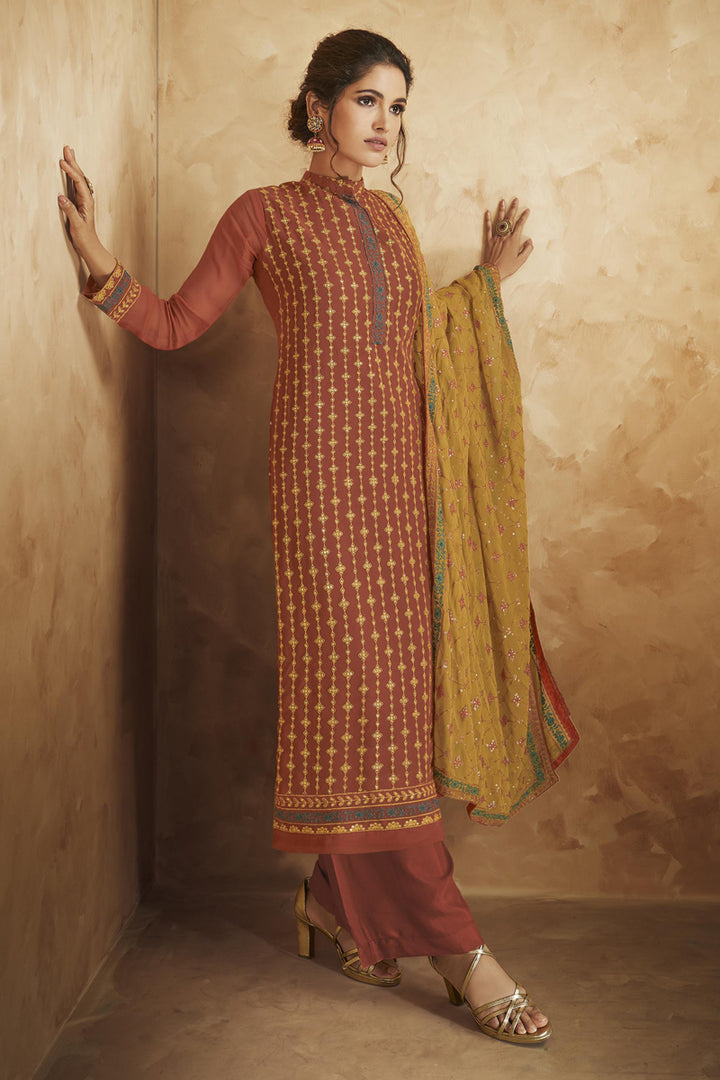 Georgette Fabric Rust Color Embroidered Party Wear Palazzo Salwar Suit
