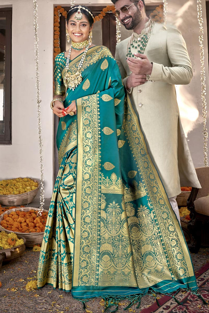Cyan Sangeet Wear Art Silk Fabric Weaving Work Saree