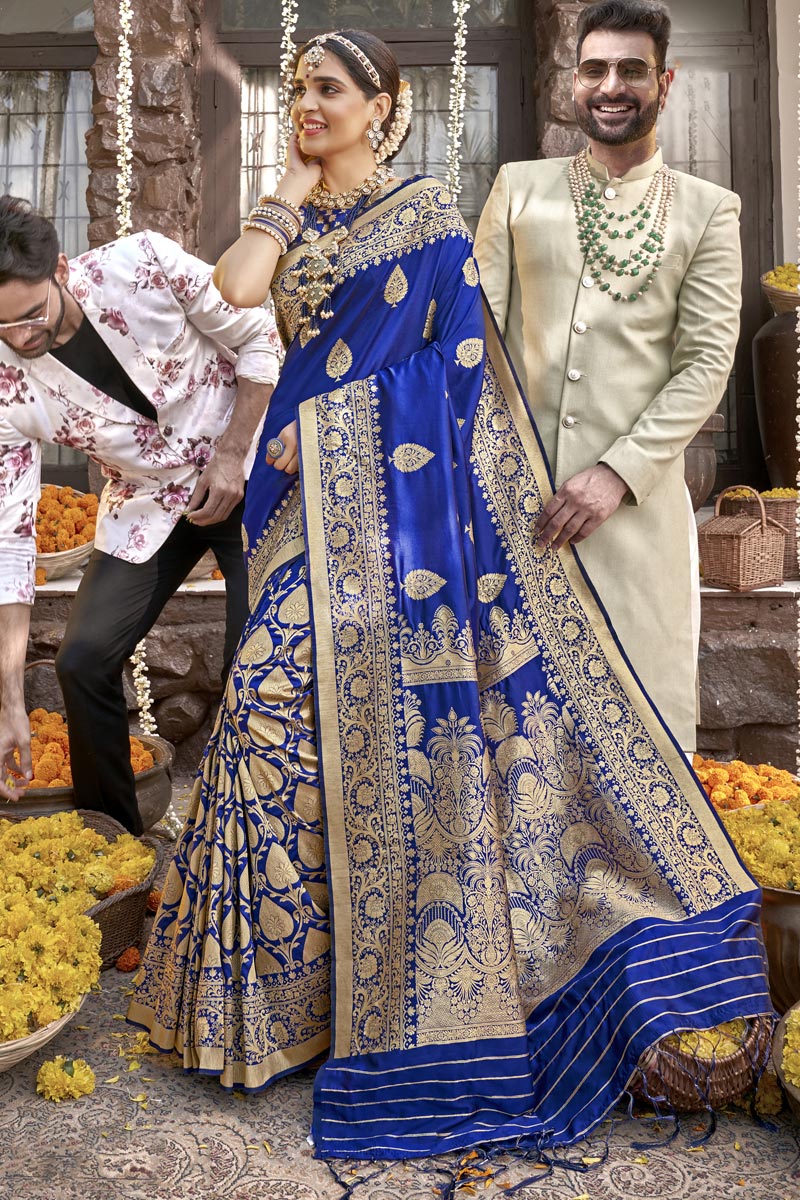 Blue Color Function Wear Art Silk Fabric Weaving Work Saree