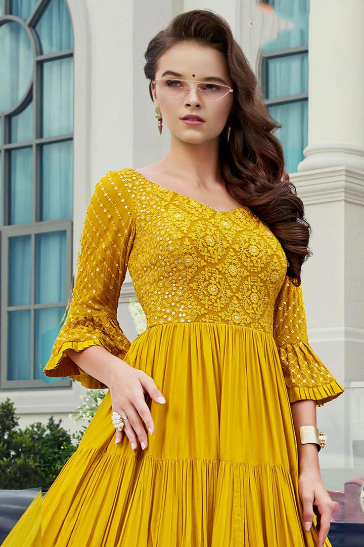 Viscose Fabric Function Wear Readymade Yellow Color Anarkali Suit