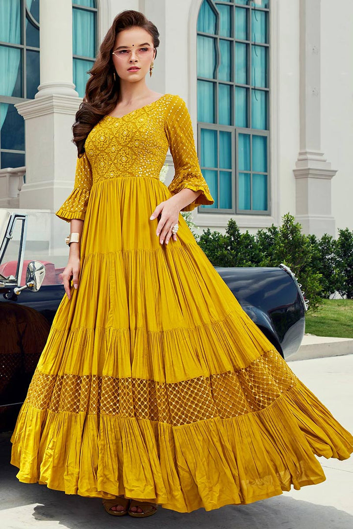 Viscose Fabric Function Wear Readymade Yellow Color Anarkali Suit